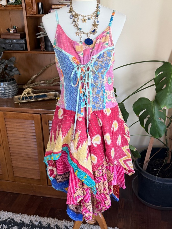 Wevez Dresses & Skirts - Wevez Kantha Bohemian Patchwork Pixie Skirt Corset Sundress Pink Multi OS